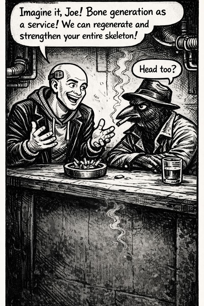 crow joe in the age of ai comic - the transhumanist, over eager techbro technocrat with business suit over hoodie and visible brain chip, is sitting at the bar in neo newton ia trying to pitch crow joe the blues playing crow on a real transhumanist technology in development, bone regeneration.  the transhumanist sale pitch, 'imagine it joe! bone generation as a service! we can regenerate and strengthen your entire skeleton!' crow joe dryly asks 'head too?' crow joe is subtly calling the transhumanist a bonehead.  transhumanism is commercializing upgrades to the body.